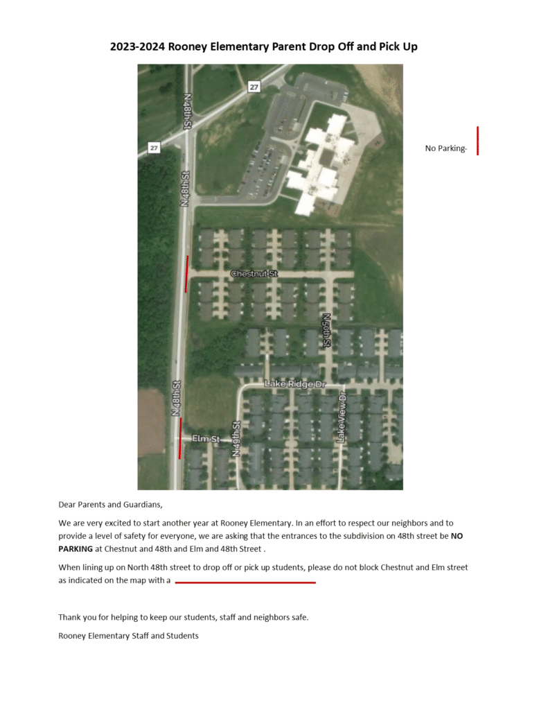 aerial map of areas around rooney elementary school that indicate a no parking zone