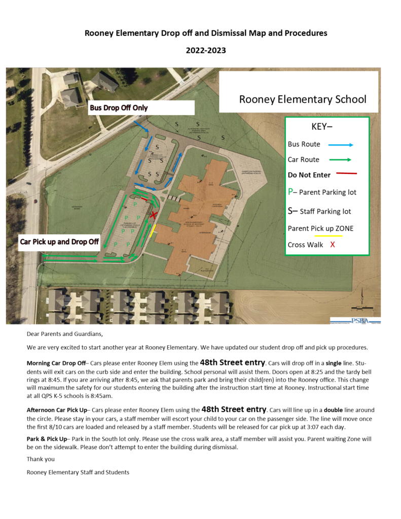 a map depicting the aerial view of Rooney's parking lots.  Image and map shows directions for cars and buses to go during arrival and dismissal. 