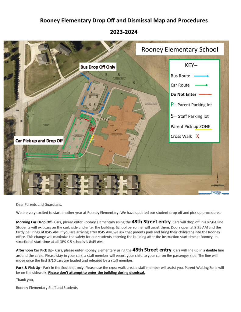 aerial map of rooney elementary parking lot with access points indicated for cars and bus routes