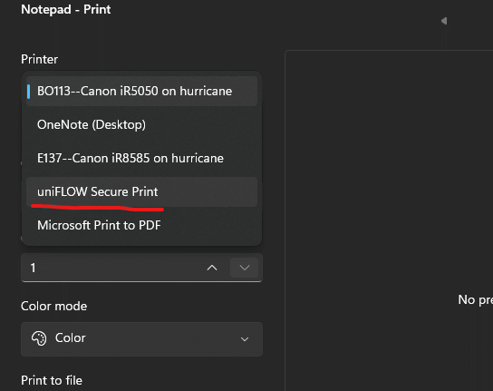 Uniflow print dialog