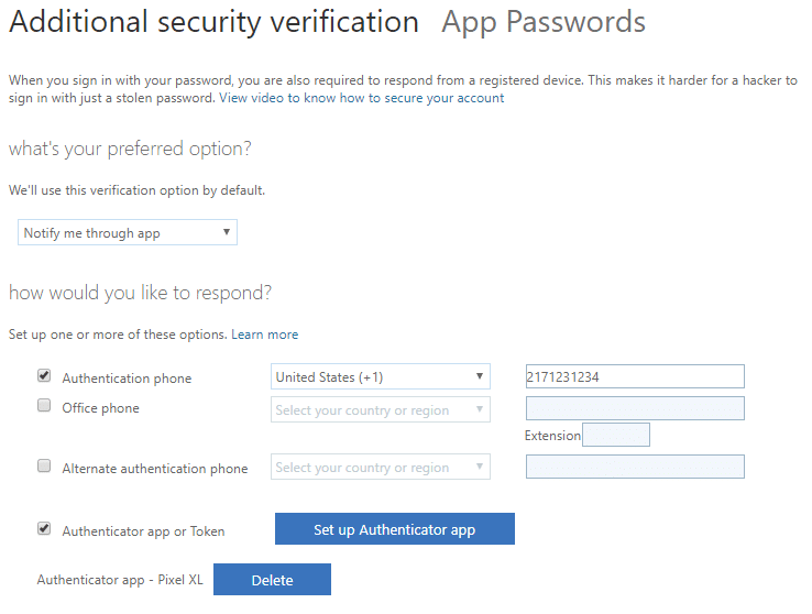 post-setup mfa settings page