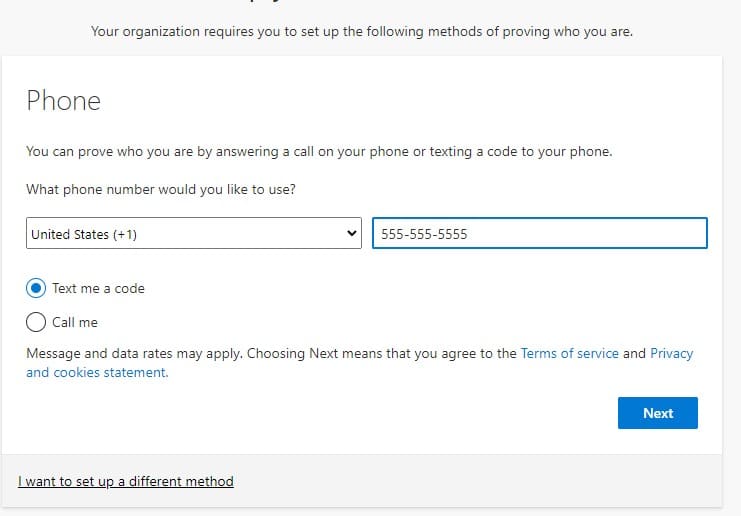 MFA phone method phone number input screen