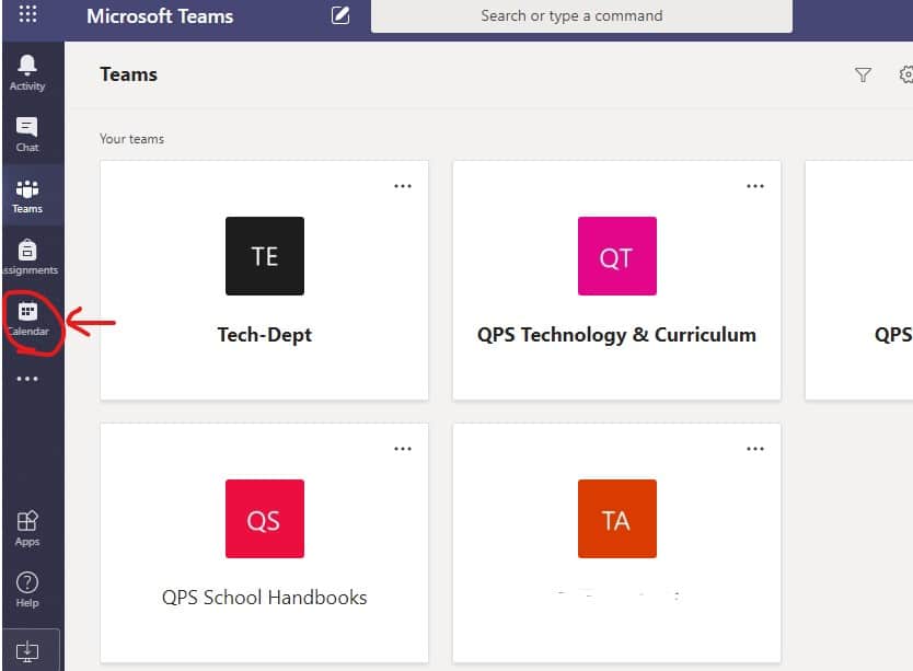 teams calendar button location