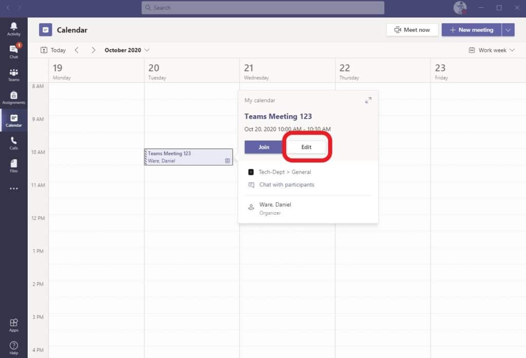 select edit button for Teams meeting screenshot